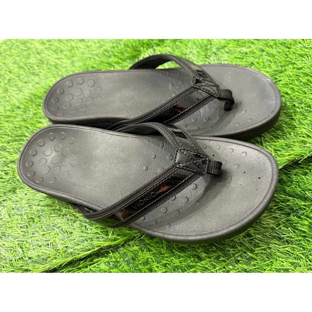 Vionic High Tide Black Patent Platform Orthotic Sandals Womens 9 Wide TVW4895
